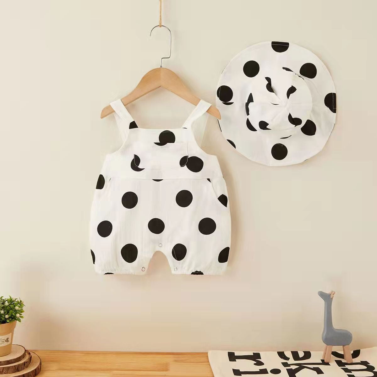 Baby boy or girl in polka dot jumpsuit and hat – Ju Ju Jam Polka Pop

