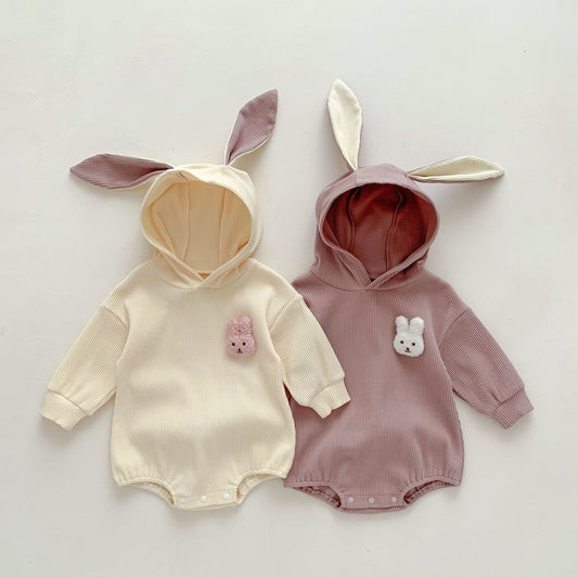 Ju Ju Jam rabbit tail hooded baby onesie – adorable unisex outfit with bunny ears and tail for boys and girls.

