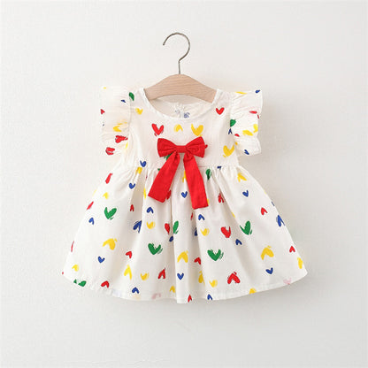 Red Bow Girls Hearts Dress - Adorable dress featuring a vibrant red color with a charming heart pattern and a cute bow detail, perfect for special occasions, available at Ju Ju Jam.