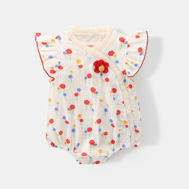 Red Flower Attached romper for baby girls, featuring a stylish flower accent from Ju Ju Jam.