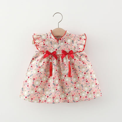 Red Japanese Style Girls Dress - Elegant dress with traditional Japanese design elements in vibrant red, perfect for special occasions, available at Ju Ju Jam.