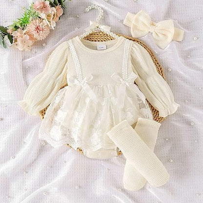 Rose Baby Girls Romper Dress Set with Socks and Bow by Ju Ju Jam – adorable baby girl outfit with matching accessories.