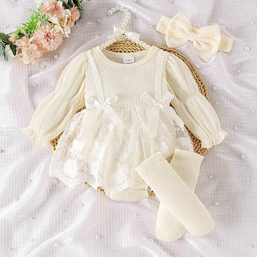 Rose Baby Girls Romper Dress Set with Socks and Bow by Ju Ju Jam – adorable baby girl outfit with matching accessories.