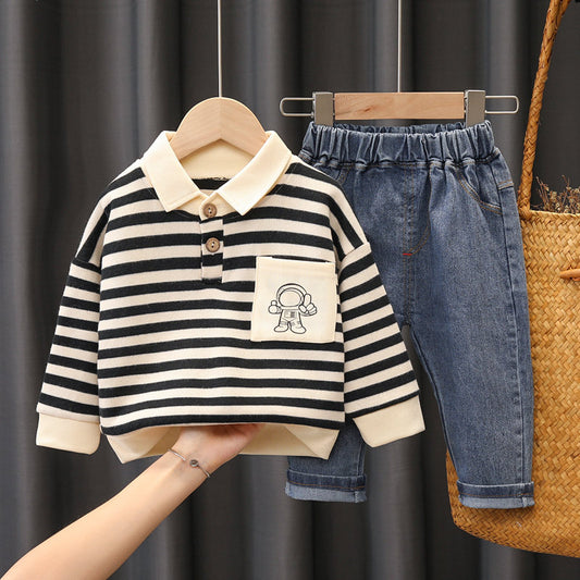 Little Astronaut Boys Denim Set by Ju Ju Jam, featuring a fun astronaut print and comfortable denim fabric for an adventurous look.