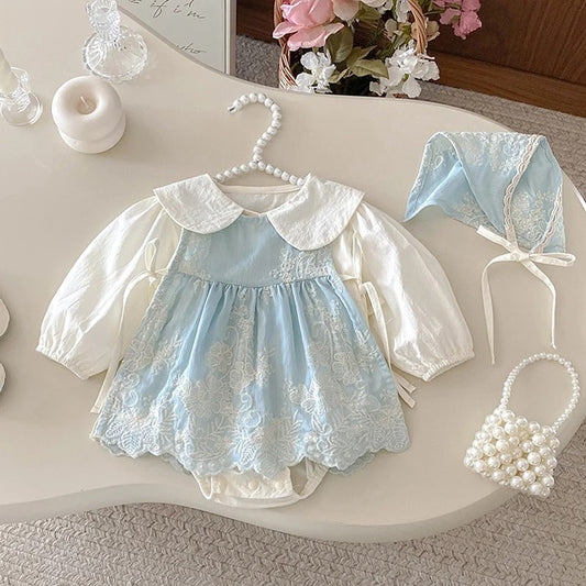 Icy Magic Embroidered Baby Girls 3-piece Romper Dress Set with Cap