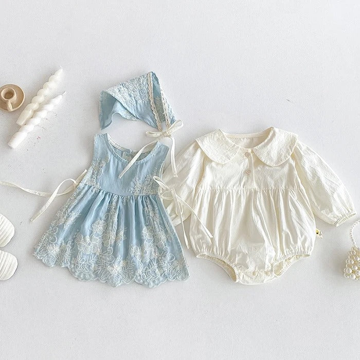 Icy Magic Embroidered Baby Girls 3-piece Romper Dress Set with Cap