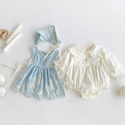 Icy Magic Embroidered Baby Girls 3-piece Romper Dress Set with Cap