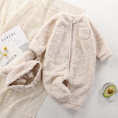 Adorable Mini Bear romper for baby boys and girls, featuring a cute bear design and matching cap, from Ju Ju Jam.