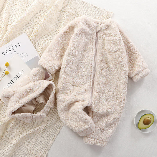 Adorable Mini Bear romper for baby boys and girls, featuring a cute bear design and matching cap, from Ju Ju Jam.