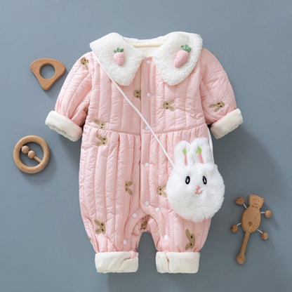 Adorable pink puffer romper for baby girls, featuring a cute bunny sling design, from Ju Ju Jam.