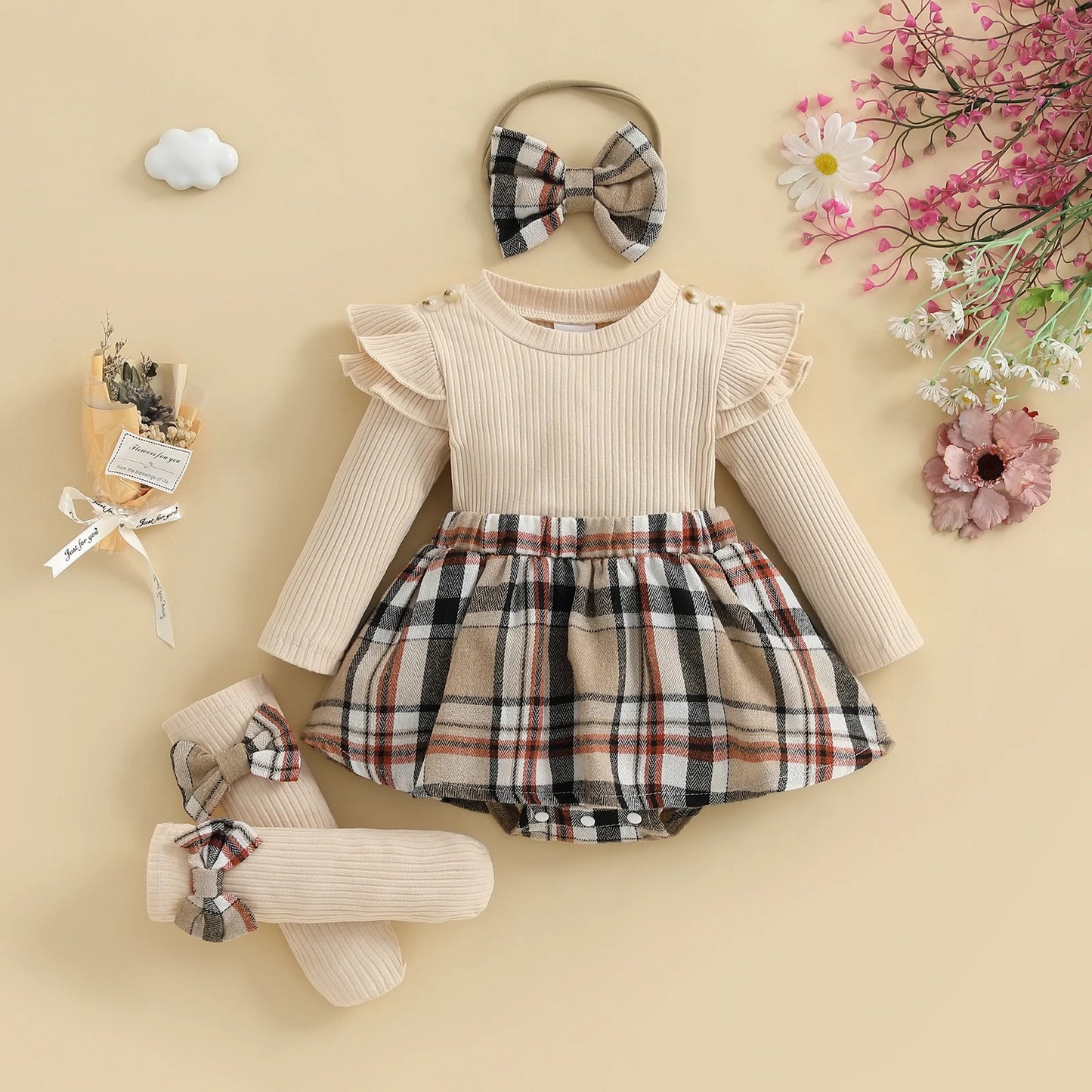 Little Plaid Baby Girls Romper Skirt Set with Headband and Socks