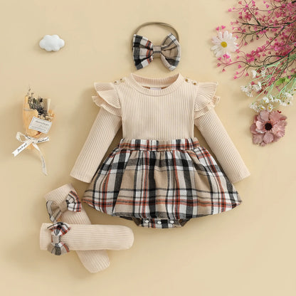 Little Plaid Baby Girls Romper Skirt Set with Headband and Socks