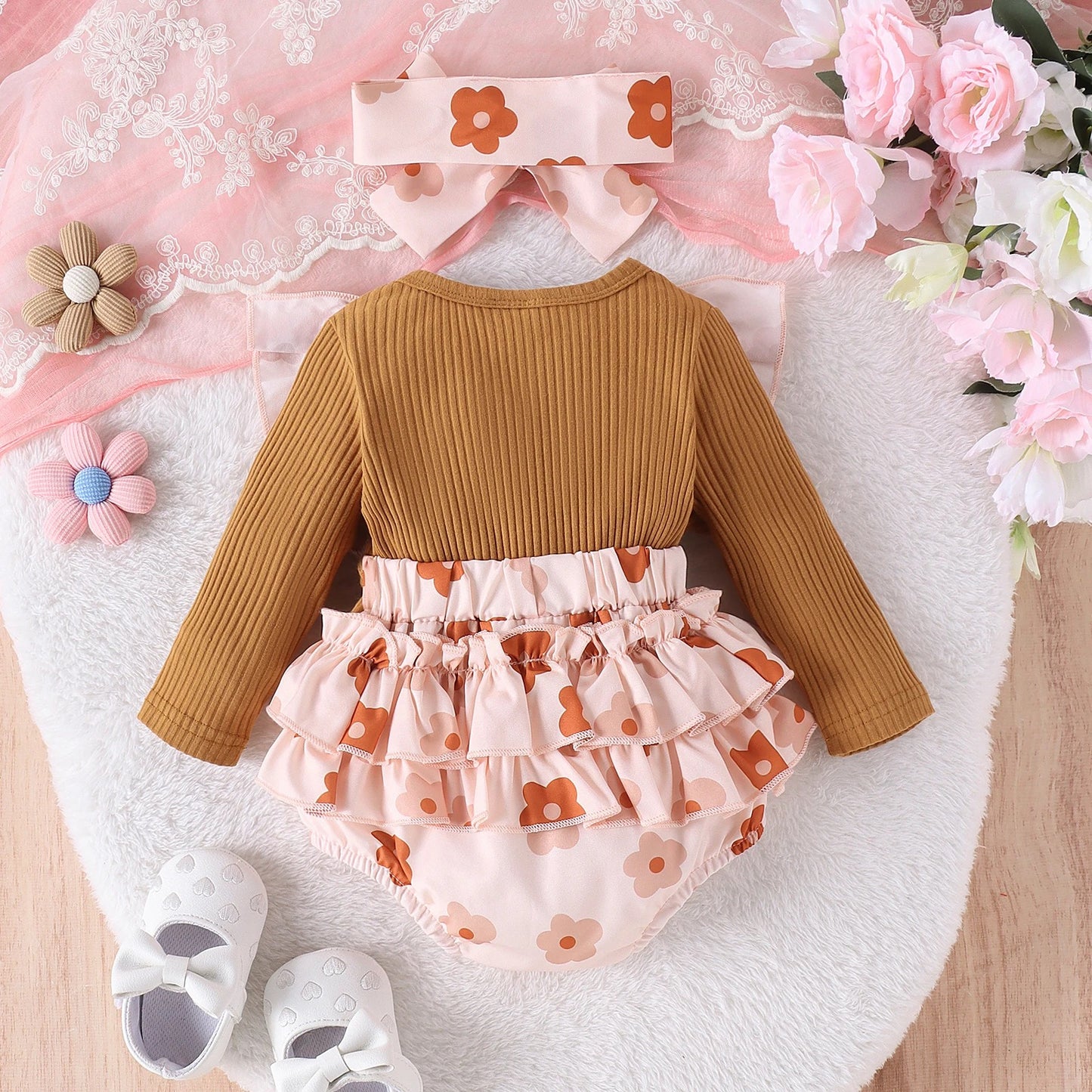 Floral Bow Baby Girls Romper Set with Headband