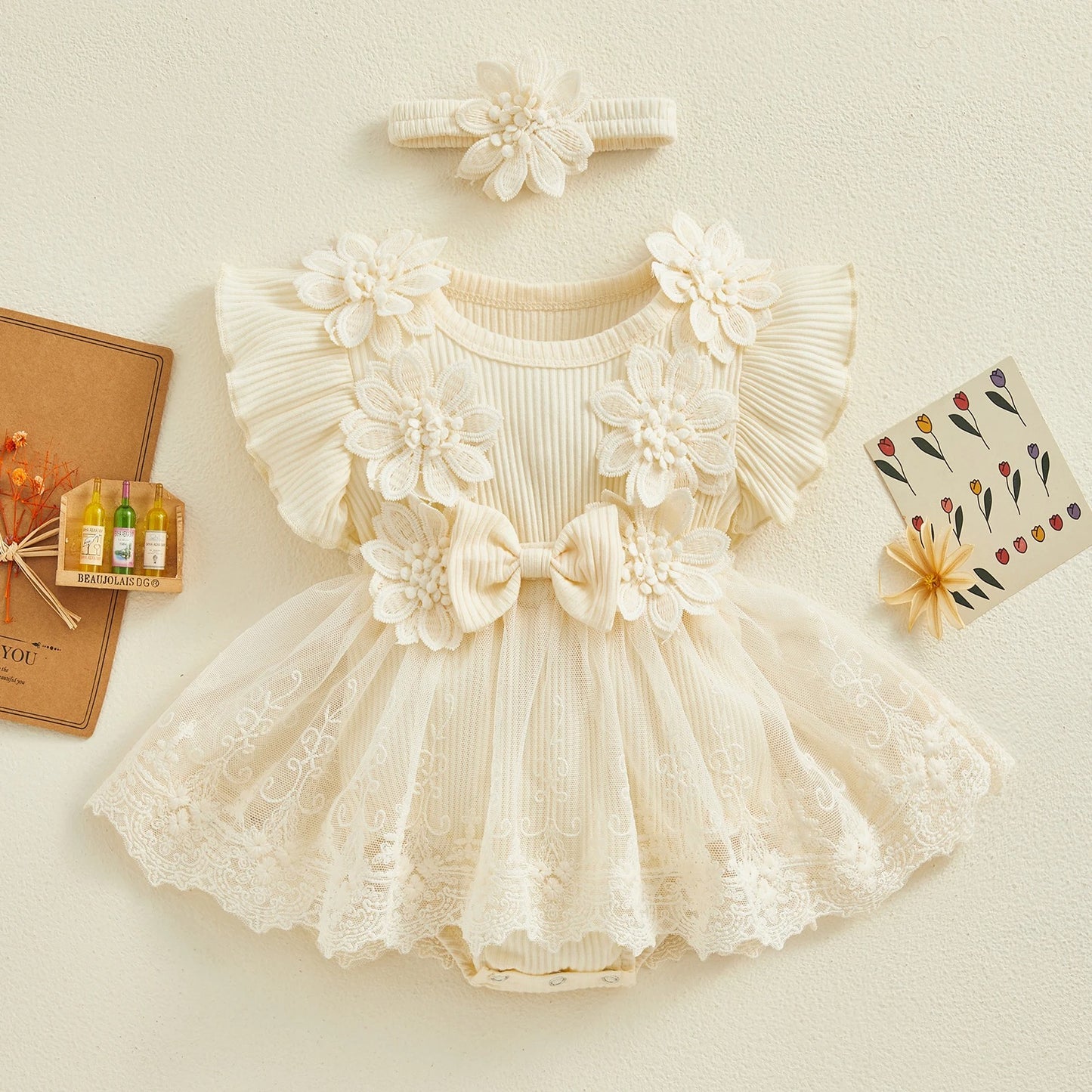 Baby Bloom 3D Flowers Girls Romper Dress with Headband