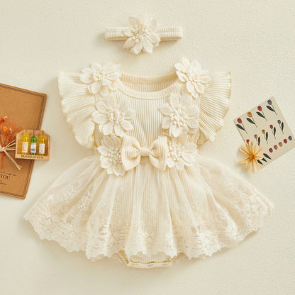 Baby Bloom 3D Flowers Girls Romper Dress with Headband