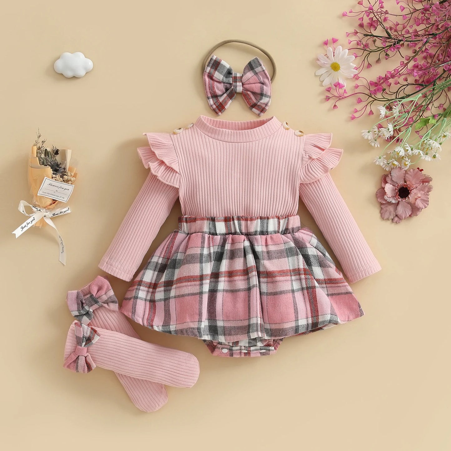 Little Plaid Baby Girls Romper Skirt Set with Headband and Socks