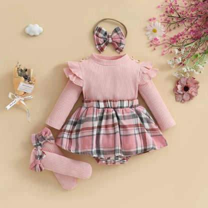 Little Plaid Baby Girls Romper Skirt Set with Headband and Socks