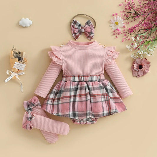 Little Plaid Baby Girls Romper Skirt Set with Headband and Socks