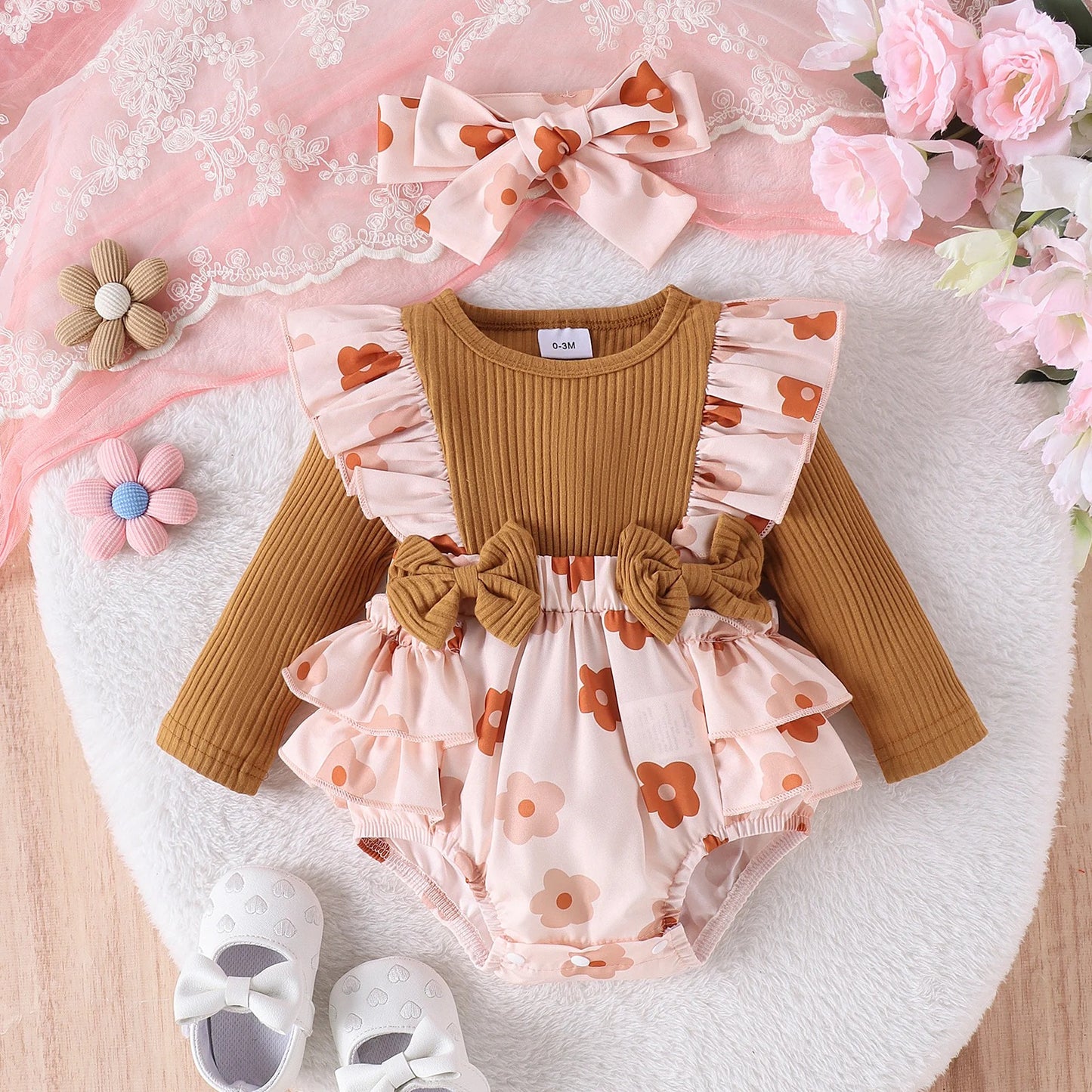Floral Bow Baby Girls Romper Set with Headband