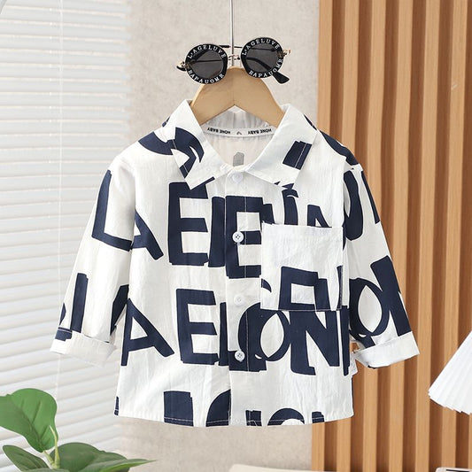 Smart Letters Printed Boys Shirt, featuring bold letter prints, perfect for a stylish and modern look, available at Ju Ju Jam.