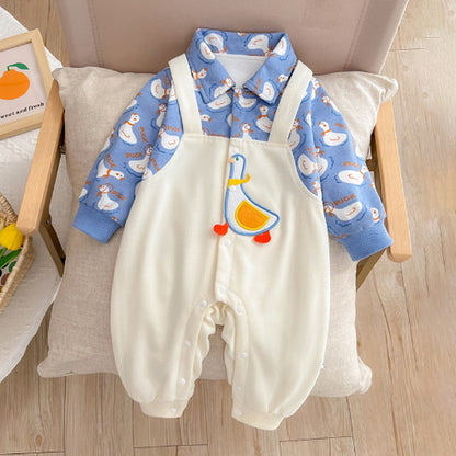 White Blue Duck Romper by Ju Ju Jam, front view