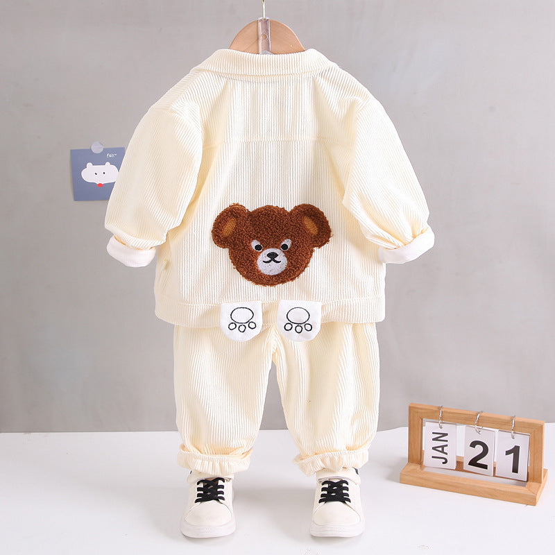 Adorable White Smiley Corduroy Three Piece Set for boys by Ju Ju Jam, perfect for special occasions or stylish everyday wear.