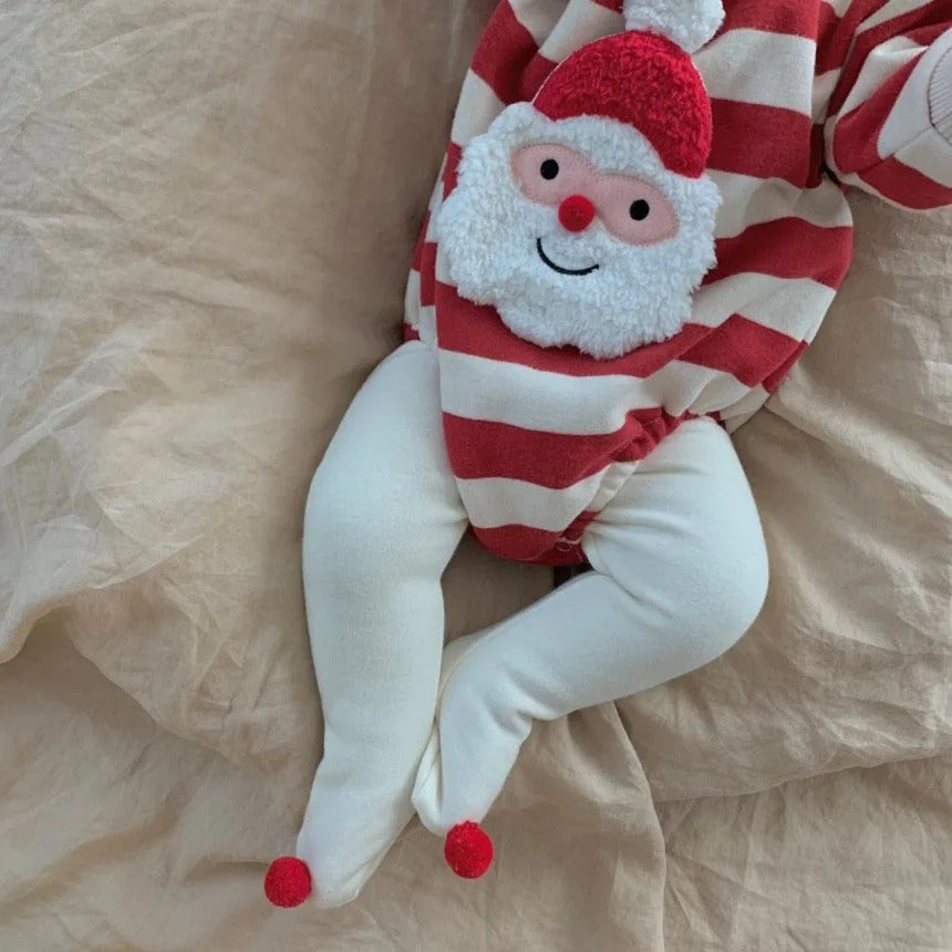 Festive Santa Baby romper with cap for boys and girls, a delightful holiday outfit from Ju Ju Jam.