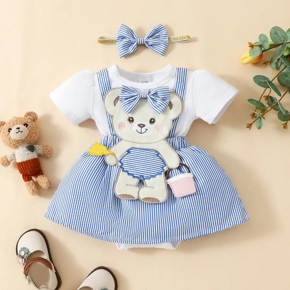 Giggle and Ted Baby Girls Romper Dress with Headband