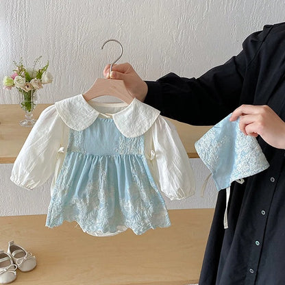 Icy Magic Embroidered Baby Girls 3-piece Romper Dress Set with Cap