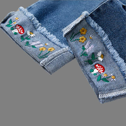 Embroidered Bottom Girls Denim Straight Fit Jeans