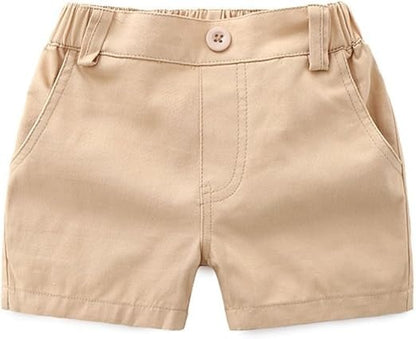 Front view of baby boy in polo romper and shorts – Ju Ju Jam summer outfit

