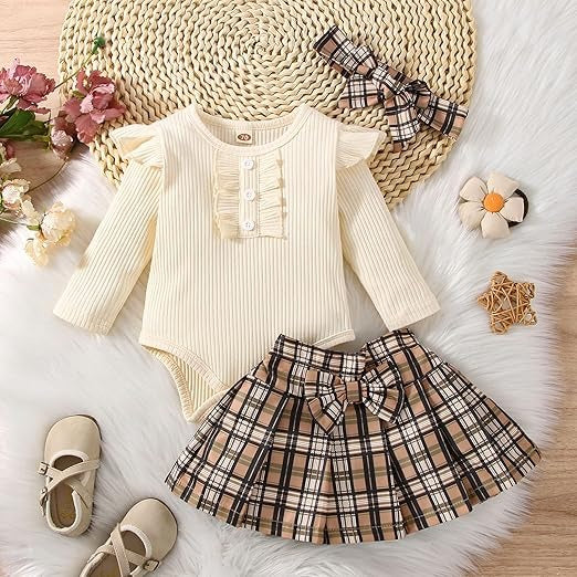 Sophia Plaid girls romper skirt set with headband – stylish plaid baby outfit by Ju Ju Jam.

