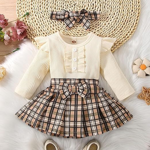 Ju Ju Jam plaid romper set – Sophia girls outfit with skirt and matching headband.

