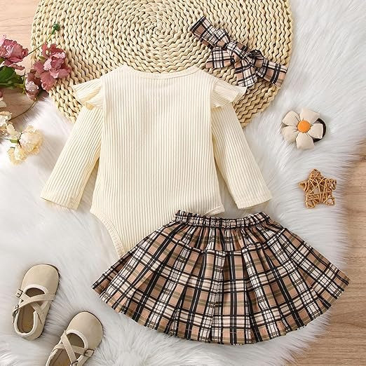 Girls plaid romper set – Sophia collection by Ju Ju Jam with skirt and matching headband.

