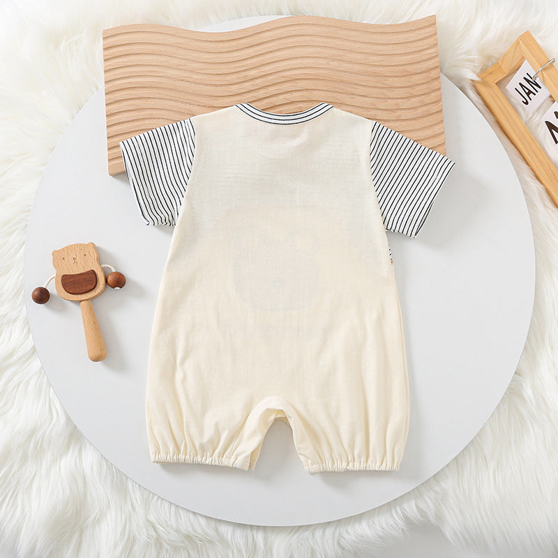 Striped Bear dungaree style romper for boys, featuring a cute bear detail from Ju Ju Jam.