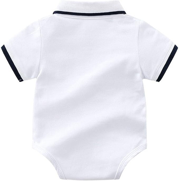 Front view of baby boy in polo T-shirt romper and shorts – Ju Ju Jam fashion set


