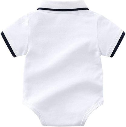 Front view of baby boy in polo T-shirt romper and shorts – Ju Ju Jam fashion set

