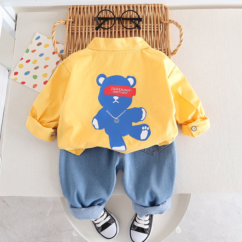 Yellow three-piece astronaut outfit set for boys from Ju Ju Jam, featuring space-themed designs.