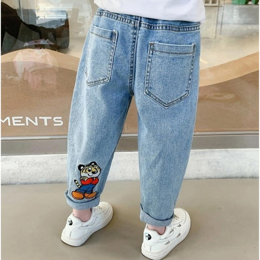 Stylish boy in Ju Ju Jam Tiger Swag Denim Jeans with bold tiger print

