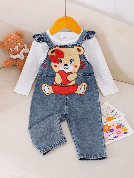 Tiny Teddy Hugs Baby Girls Denim Jumpsuit Set