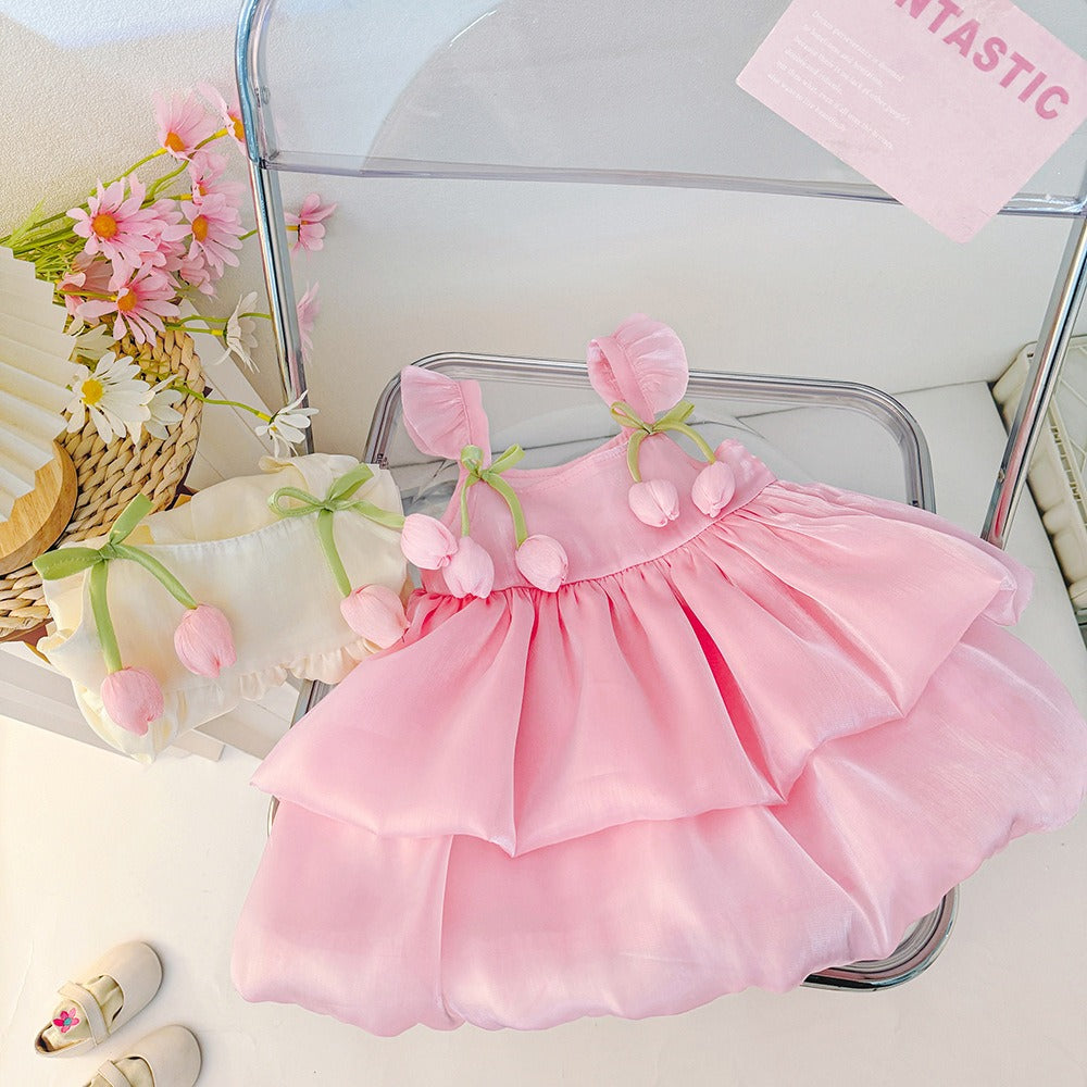 Elegant baby girl dress with tulip appliqués – Tulip Hanging Dress by Ju Ju Jam

