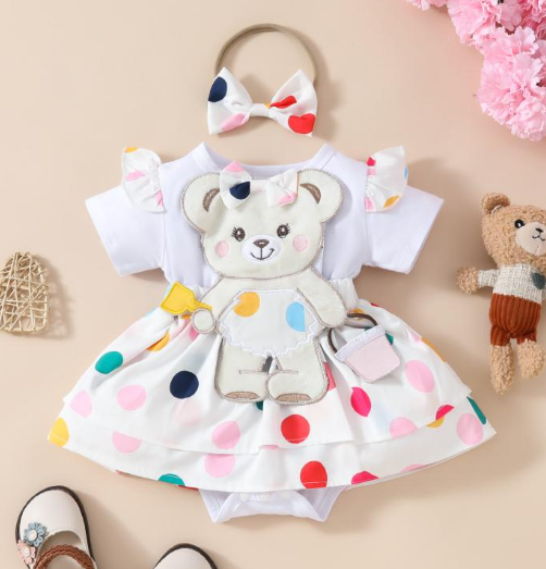 Rainbow Dotted Baby Girls Bear Romper Dress with Headbow