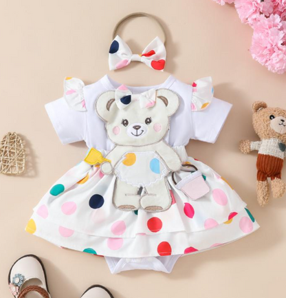 Rainbow Dotted Baby Girls Bear Romper Dress with Headbow