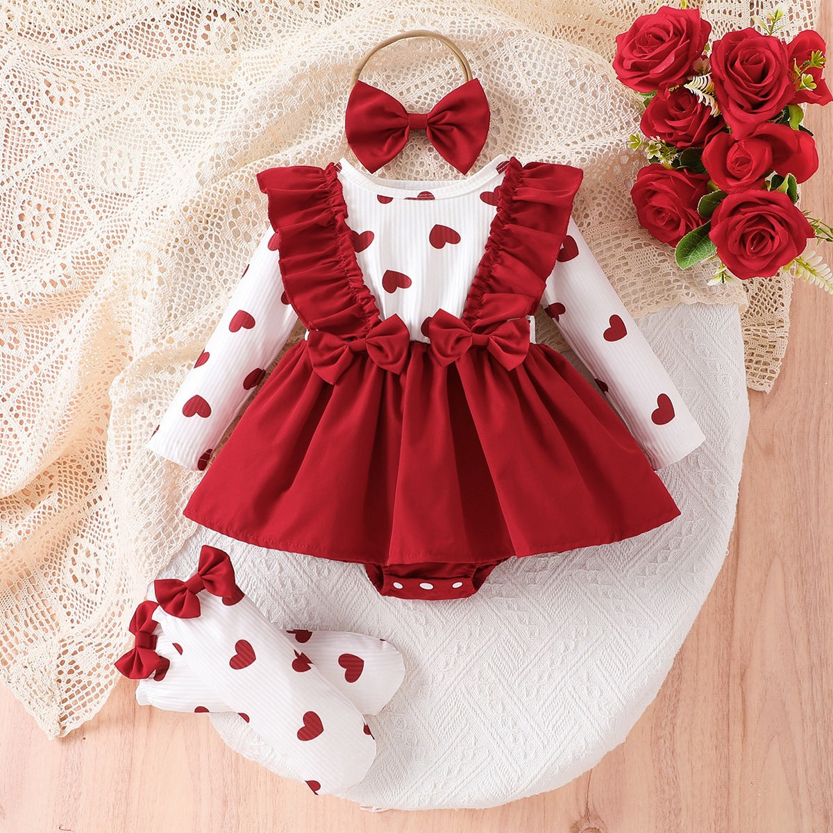 Red Heart Baby Girls Romper Dress with Headbow & Socks