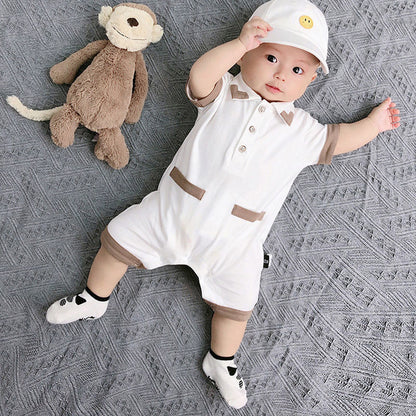 White Collared romper for baby boys, featuring a stylish collar from Ju Ju Jam."