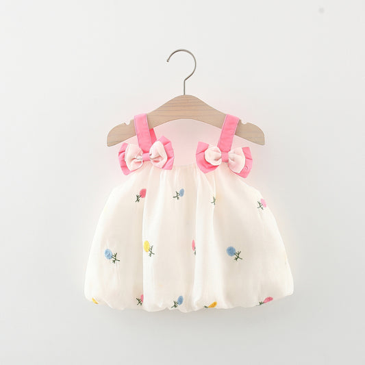 White Pink Bow Girls Dress - Elegant dress with a white base and a cute pink bow detail, perfect for special occasions and everyday wear, available at Ju Ju Jam.