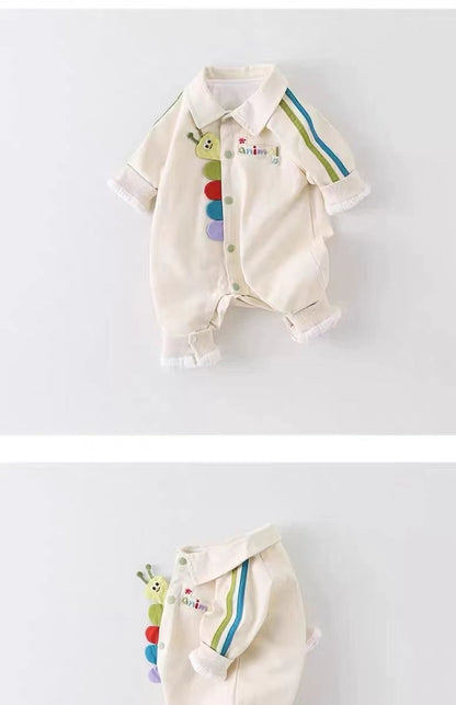 Animal print romper for baby boys – comfy and colorful Wonder Baby design by Ju Ju Jam.

