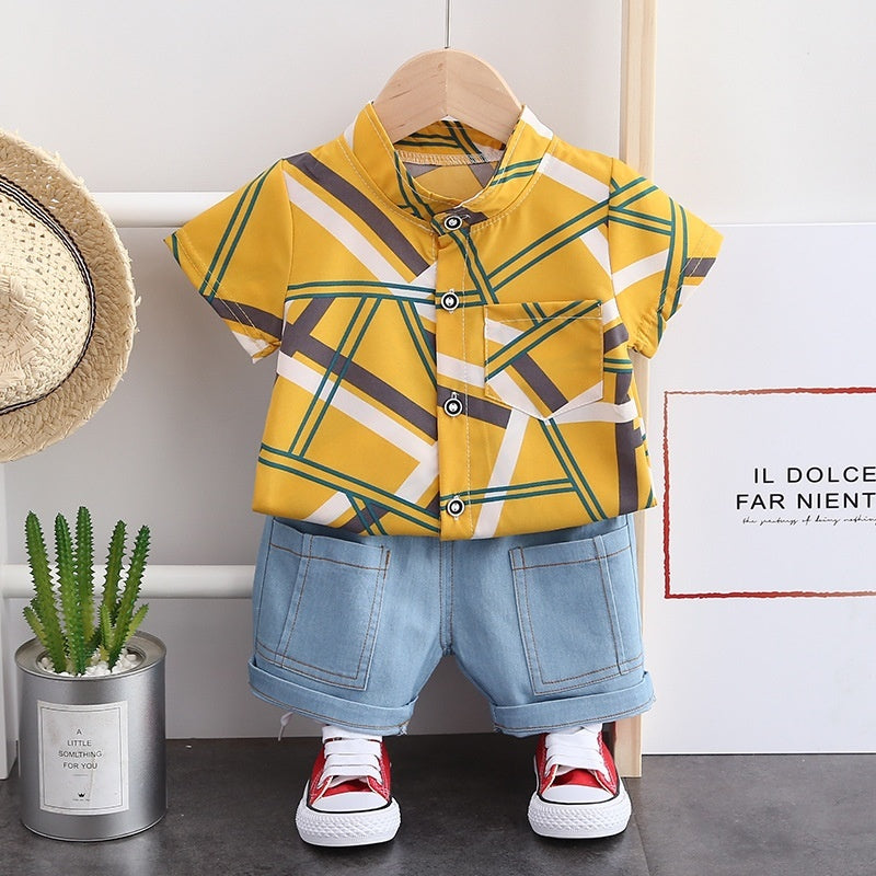 Ju Ju Jam Yellow Abstract Boys Denim Set - Stylish denim outfit for boys with a unique yellow abstract design.