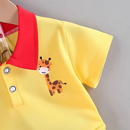 Giraffe print boys clothing set – Ju Ju Jam collared tee and bottom combo

