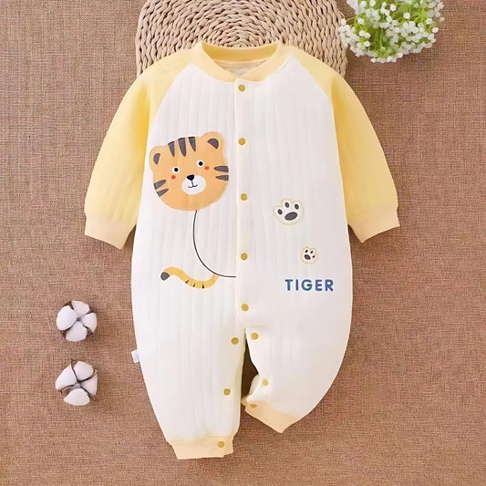 Yellow mellow baby romper with cute tiger design – unisex outfit by Ju Ju Jam.

